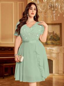 优雅 V 领亮片蕾丝撞色雪纺荷叶边鸡尾酒会摆裙 - 薄荷綠 - 查看 10