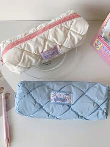 1pc Cute And Fashionable Candy Color Large Zipper Pencil Case, Soft Girl Style Student Stationery Storage Bag, Cream Down Fabric Storage Pouch - Multicolor - View 7