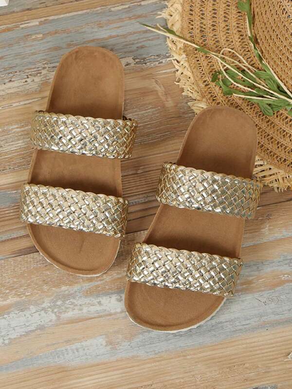 Girls' Slippers, Summer New Retro Children's Beach Shoes, Woven Double Straps, Composite Sole, Medium To Large Children's Outdoor Fashion Slippers
