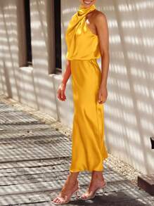 Women's Summer Satin Dress Elegant Sleeveless Fake Neckline Cocktail Gown - 黃色 - 查看 3