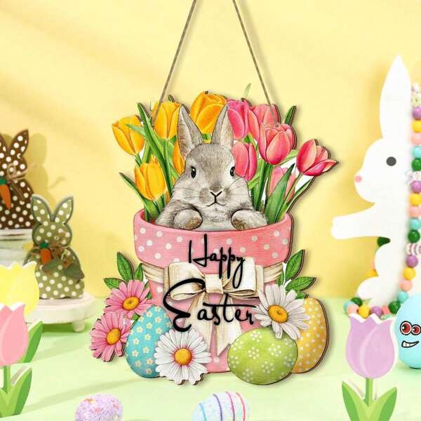 Glückliches Ostern Tür Plakette Osterei Hase Holz Hängen Tür Schilder dekoriert mit Oster Blumen Frühling Wandhaken Land Bauernhaus Ostern Dekorationen Ostern Frühling Party Innen Außen Zuhause