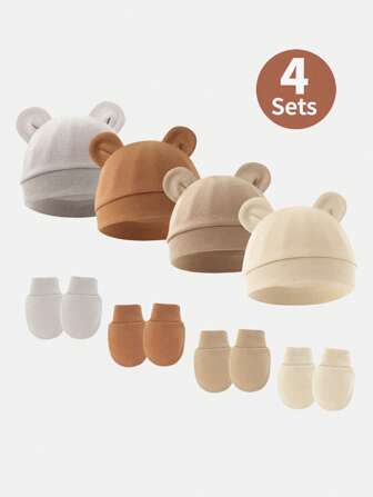 4pcs/Set Solid Color Newborn Baby Beanie Hat + Anti-Scratch Mittens Set, Gift For 0-6 Months, Suitable For Infant Daily Casual Wear In Spring, Summer, Autumn And Winter, Versatile