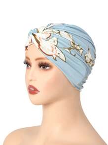 1pc Floral Print Beanie Hat For Women, Elastic Polyester Turban Cap With Twist Design, Fashionable Hair Protection Headwear For All Seasons, Travel & Daily Wear, Daily Wear Cap | Floral Print Hat | Polyester Cap - Multicolor - View 8