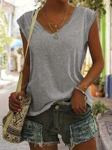 2pcs V-Neck Solid Color T-Shirts, Casual Short Sleeve Tee, Women