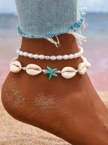 1 Set Women's Ocean Style Woven Shell Beaded Anklet Chain Set - Blue - View 12