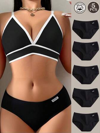 5 条装舒适透气黑色棉质内裤，时尚百搭中腰内裤，适合女士和女孩