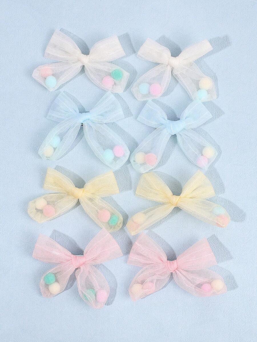 8pcs Hand-Tied Hair Bows For ToddlersPastel Macaron Hair Clip - Tulle & Surprise Pom-Pom Trim For Girls 3-14 ,Soft Elastic Hairpin For Birthday Parties ,Playdates ,Photoprops & Hypoallergenic Sensitive Skin