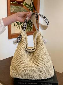 Minimalist Large Capacity Magnetic Closure Design Straw Tote Shoulder Bag, Versatile For Daily Outings, Beach, Vacation