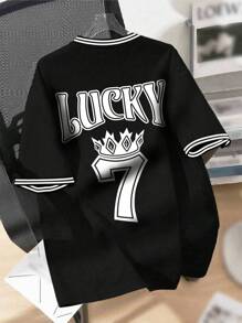 Men's Lucky Number 7 Pattern Casual Daily Wear Contrast Rib Trim V-Neck Loose Short Sleeve T-Shirt - Black - View 3