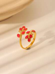 1 件 18K 镀金不锈钢珐琅叶开口戒指，适合女性日常和节日佩戴 - 葉子 - 查看 10