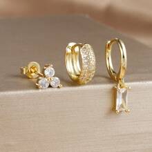 3PCS Round Circle Hoop Earrings Set For Women Simple Zirconia Flower Stud Earring Cartilage Piercing Jewelry - 3pcs Earrings Set - View 12