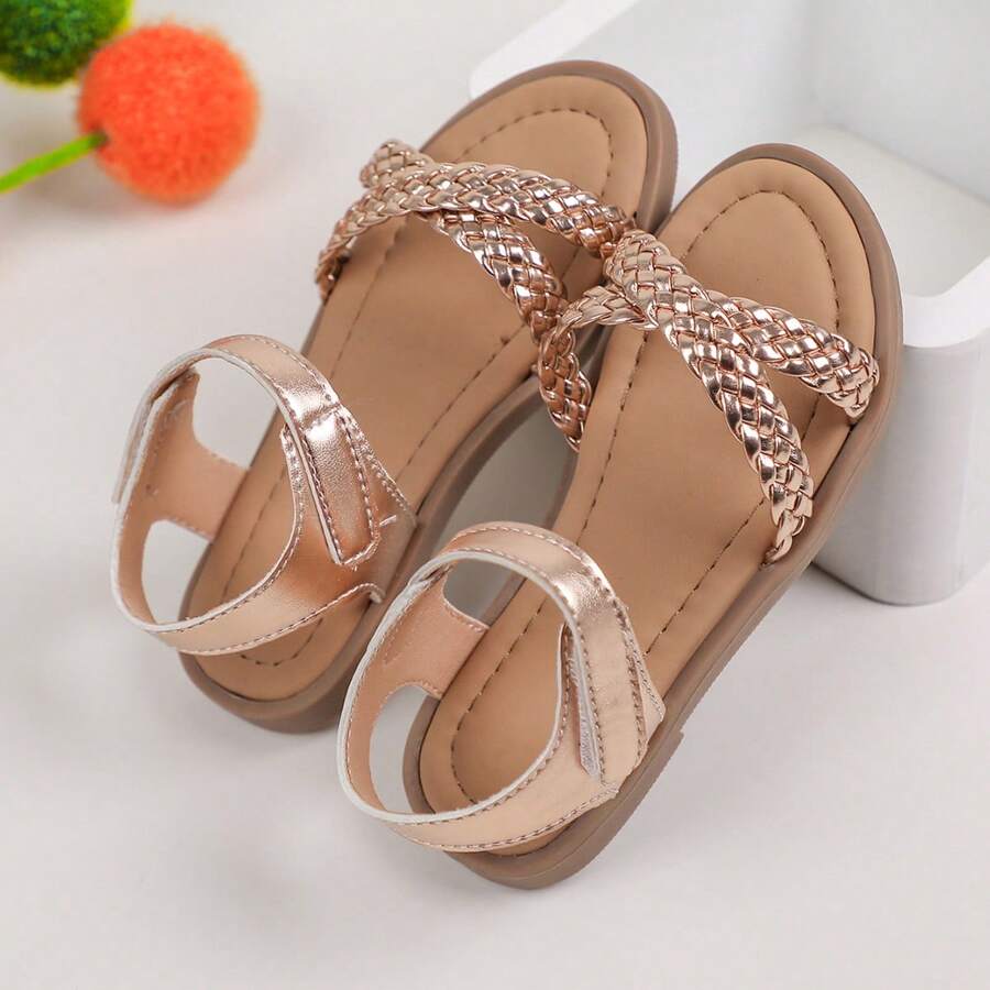 2025 Casual Faux Woven Hook And Loop Plain Color Flat Soft Bottom Fashion Sandals, Summer - Apricot - View 1