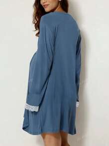 Robe d'été/automne décontractée pour femme en couleur unie sans manches avec insertion en dentelle, veste à manches longues assortie. Ensemble robe et robe de chambre confortable. Robe de maternité simple et sexy