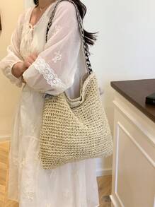 Minimalist Large Capacity Magnetic Closure Design Straw Tote Shoulder Bag, Versatile For Daily Outings, Beach, Vacation