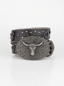 Cinturón unisex de piel de imitación de estilo punk, con hebilla con diamantes incrustados, inspiración en el estilo cowboy occidental, decorado con brillantes, apto para todas las estaciones