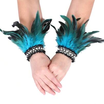 Gothic Style Feather Bracelet, Petite Fragrance Feather & Faux Pearl Wristband, Party & Ball Accessory
