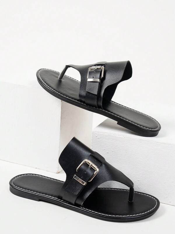 Women's Summer New Brown Net Celebrity Style Strap Slide Sandals, Black Color Open Toe Flat Sandals With Belt Buckle, Beach Casual