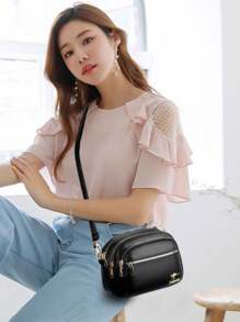 正品奢华三层手提包，女士设计师高品质真皮斜挎单肩包 - 黑色 - 查看 2