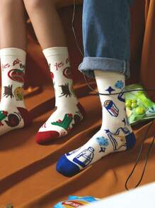 3 双男女通用番茄、甜甜圈、苏打印花趣味创意柔软中筒袜，春夏 - 彩色 - 查看 10