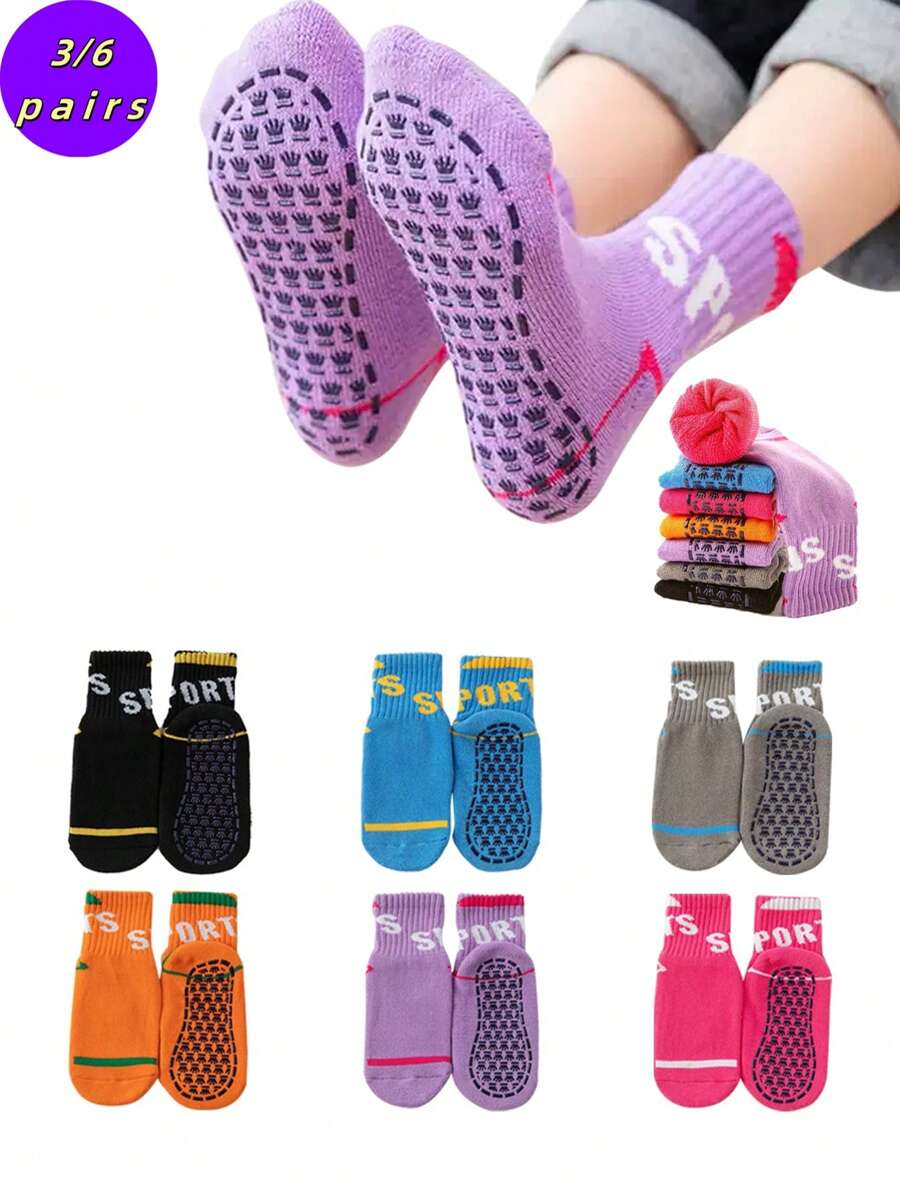 3/6 Pairs Kids Non-Slip Socks, Thick Terry Socks For Indoor/Outdoor Sports, Playground, Trampoline, Parent-Child Early Education - Multicolor - View 1