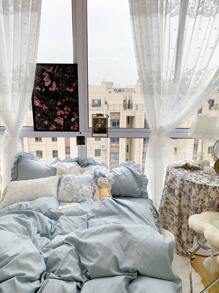 浅蓝色奶油色柔软荷叶边针织三件套床上用品（1 个羽绒被套 + 2 个枕套），适用于卧室和客房 - 淺藍色 - 查看 9