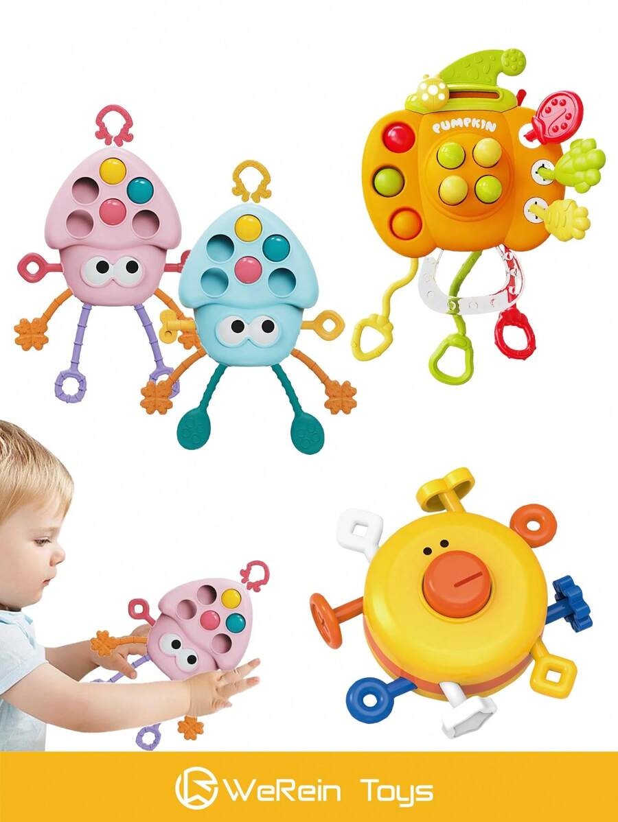 WeRein 婴儿玩具和感官牙胶、拉扯玩具 - 活力章鱼南瓜爬行玩具（带皱褶触手）、ABS/硅胶出牙玩具（适合 10-36 个月婴儿）、带礼盒包装的发育学习玩具、用于运动技能训练的幼儿玩具（颜色可能有所不同）