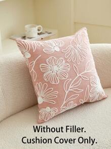 1pc Pink Floral Embroidered Decorative Pillow Cover, Suitable For Indoor Decoration, All Season Use, Covers Only