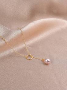 1 pieza Collar con perla natural bañado en oro de 18K para mujer, diseño tipo Y para primavera/verano