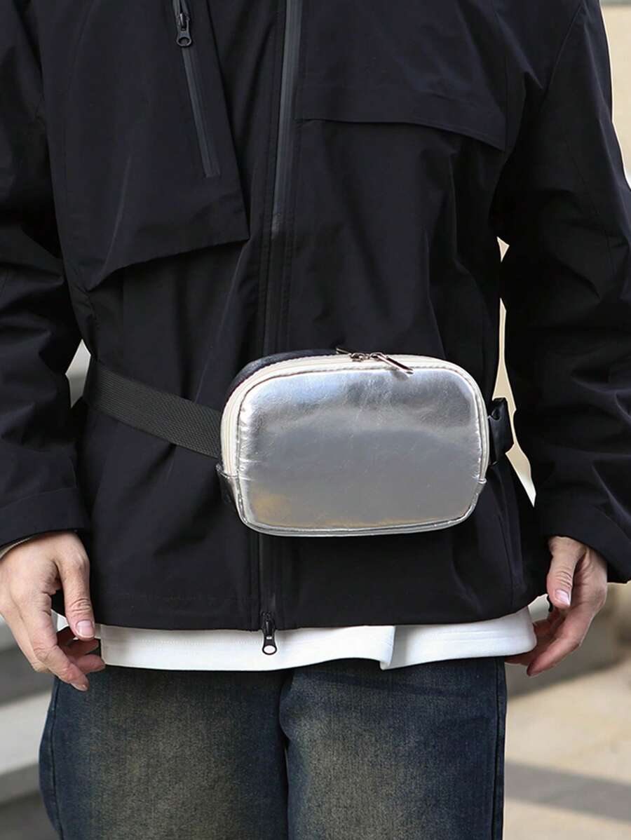 Portable Solid Color Glossy High-End Diagonal Crossbody Bag, Fashionable Men's Chest Bag Connected Waist Bag - Silver - View 1