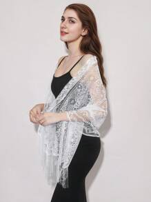 1pc Women's Solid Color Paisley Hollow Lace Tassel Scarf, Versatile Fashion Shawl, Sunscreen Beach Wrap For Party & Vacation - Paisley Pattern - View 3