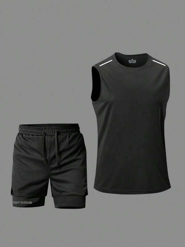 Conjunto deportivo casual para exteriores, top de tirantes deportivo negro y conjunto de pantalones cortos transpirables, de moda, cómodo, transpirable, adecuado para deportes al aire libre de verano, correr, senderismo