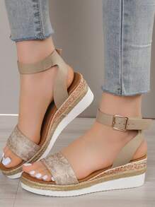 Summer New Fashion Snake Skin Pattern Platform Buckle Sandals, Thick Sole Straw Rope Thick Bottom Beach Slides - Khaki - View 4