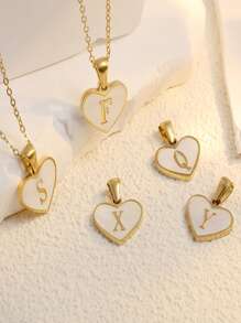 1 件时尚 A-Z 心形首字母吊坠项链不锈钢贝壳锁骨链项链适合女士男士情人节礼物 - 金黃色 - 查看 8