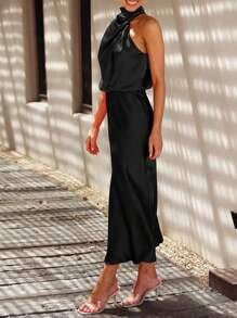 Women's Summer Satin Dress Elegant Sleeveless Fake Neckline Cocktail Gown - 黑色 - 查看 3