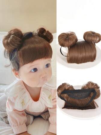 合成儿童婴儿头箍假发带刘海发髻新生儿公主假发头箍儿童发饰金棕色