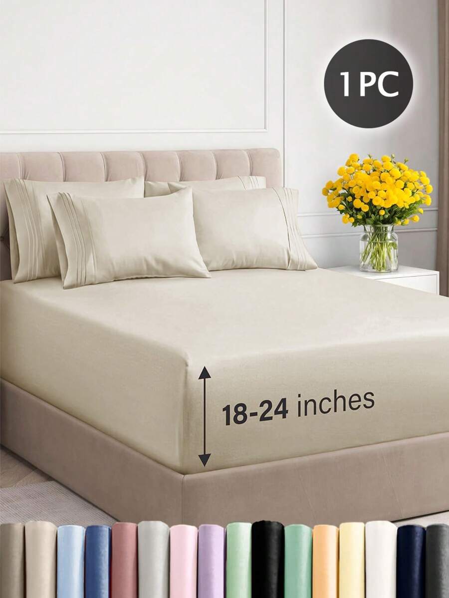 1pc Solid Color Polyester Fitted Sheet, Mattress Protector, Soft & Breathable, Fits Mattress Height Up To 60cm - Khaki - View 1