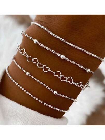 Set de 5 pulseras con cadena con cuentas y diseño de corazón estilo europeo y estadounidense de moda para mujer, ideal como regalo para San Valentín, mamá, madre, Día de la Madre