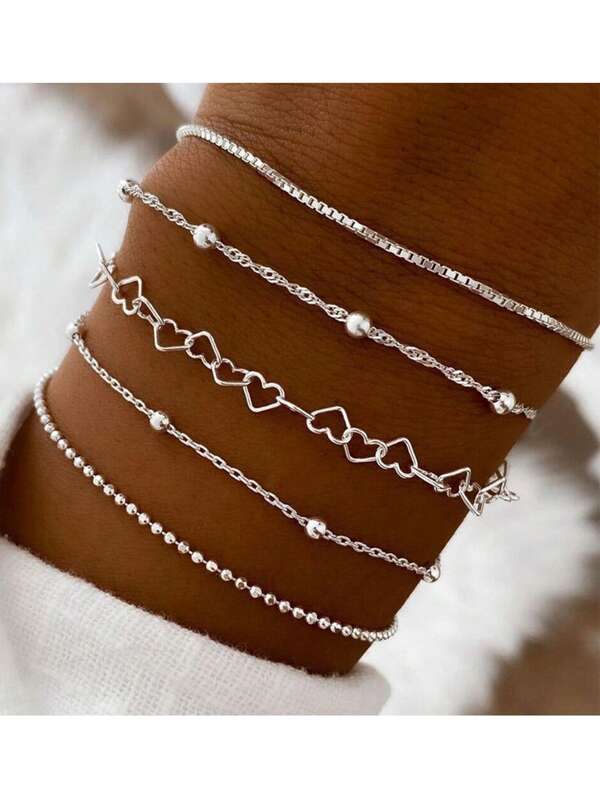 5pcs/Set European And American Style Fashionable Heart & Beaded Chain Bracelet For Women Valentines,Mom,Mother,Mother's Day,Gift