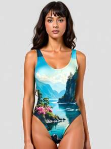 1pc Women's One-Piece Floral Print Swimsuit, Suitable For Surfing And Water Sports, Professional Athletic Leotard Style Swimwear, Slimming And Sexy Look, For Swimming, Hot Spring Bathing