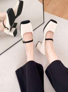 Xin Jing Shoes New Fashion Women's Chunky Heel Pumps With Color Block Design, Elegant, Mary Jane - Beige - View 7