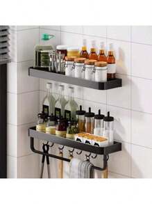 1 件带毛巾杆和挂钩的调味品架，浴室收纳架，无需钻孔的橱柜悬挂式调味品架，用于调味品的多功能壁挂式架子，用于装饰和悬挂，带壁挂孔，适用于浴室、卫生间、厨房家居配件 - 彩色 - 查看 2