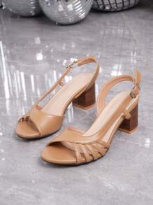 Sandalias de tacón grueso con punta abierta, tira lateral hueca y correa trasera para mujer, sandalias de cuero de color albaricoque de tacón alto cómodas y casuales