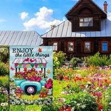 1 件 Enjoy Little Things 花园旗帜、卡车和花卉印花双面户外庭院旗帜、门廊装饰、春/夏、防风雨 - 彩色 - 查看 3