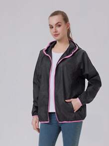 1pc Women Lightweight Outdoor Skin Jacket, Casual Windbreaker With Pockets, Suitable For Running, Fitness, Fishing, Floral Print - Pink - View 2