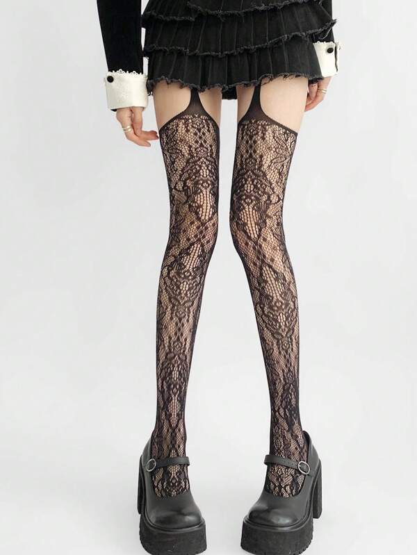1 Pair Women's Sexy Dark Gothic Spider Web Jacquard Fishnet Pantyhose, Suitable For Halloween