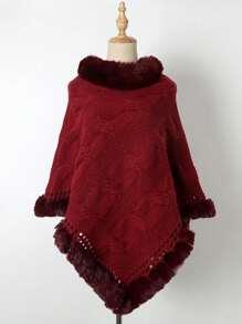1pc Solid Color Warm Hooded Poncho With Braided Faux Fur Trim & Hollow Lace Trim