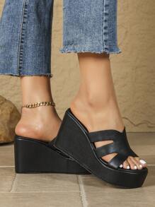 Dames Platform Slip-On Sandalen, Lente/Zomer Nieuwe Chunky Wedge Hak Band Zwarte Muiltjes Pantoffels, Dikke Zool Mode Ronde Neus PU Waterdichte Casual Schoenen, Veelzijdige Grote Maat