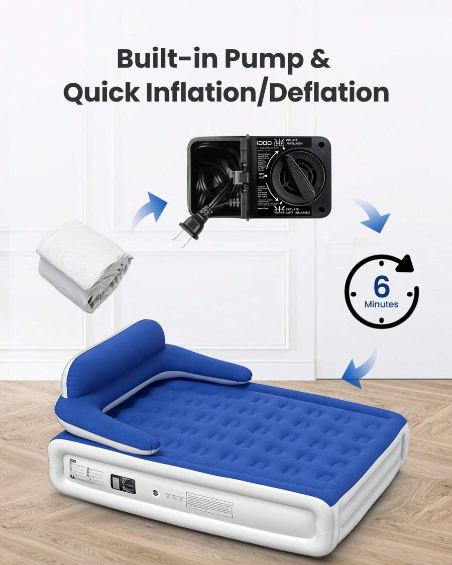 Queen Headboard Air Mattress' 18" Airbeds With Built-In Pump