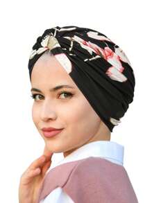 1pc Floral Print Beanie Hat For Women, Elastic Polyester Turban Cap With Twist Design, Fashionable Hair Protection Headwear For All Seasons, Travel & Daily Wear, Daily Wear Cap | Floral Print Hat | Polyester Cap - Multicolor - View 14