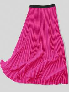 玫瑰红高腰褶裥A字中长裙，复古法式风格，通勤、约会、日常穿着皆宜，修身显瘦，优雅时尚，适合各种场合，春夏款。